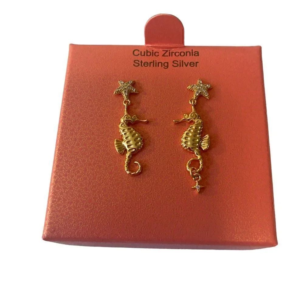 Rachel Zoe Sterling Silver & Cubic Zirconia Sea Horse Gold Toned Earrings.
